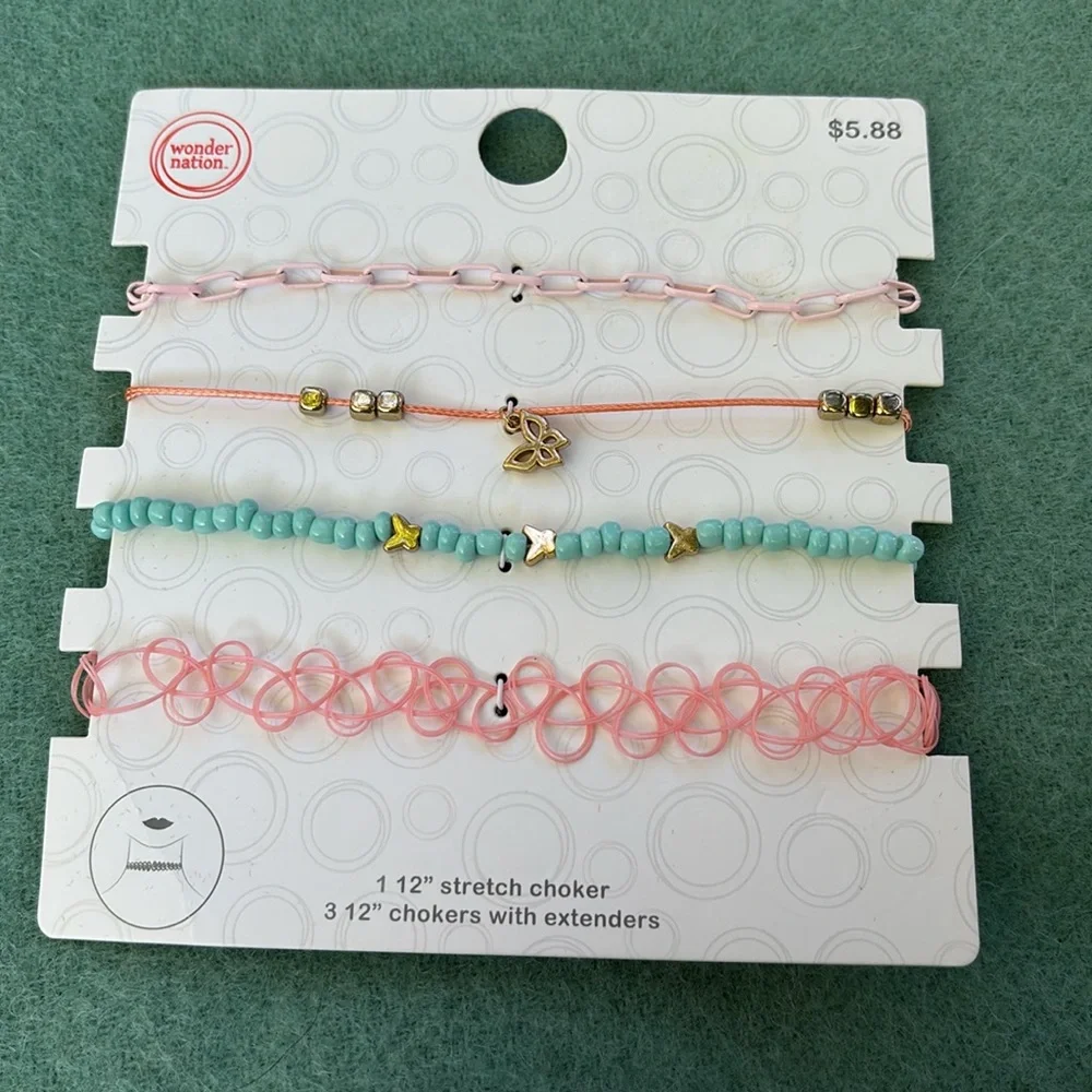NWT Wonder Nation Pink and Silver Necklace Set 1 12” Stretch Choker 3 Extenders